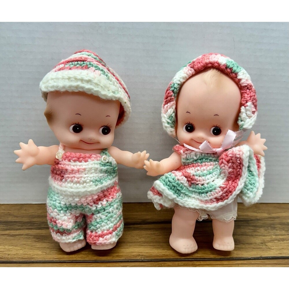 (2) Vintage KEWPIE Soft Rubber Posable Dolls Brown Eyes 9” Tall Handmade Clothes
